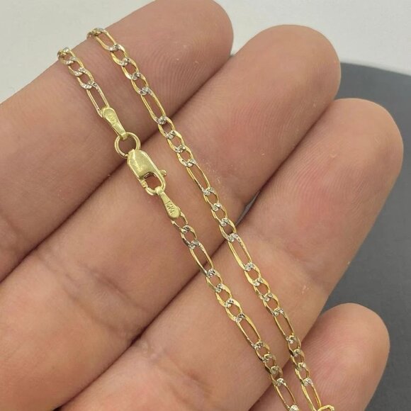 14K Yellow Gold Two Tone Necklace Figaro 18" Chain for Youth Fashion Design Gift - Picture 5 of 5
